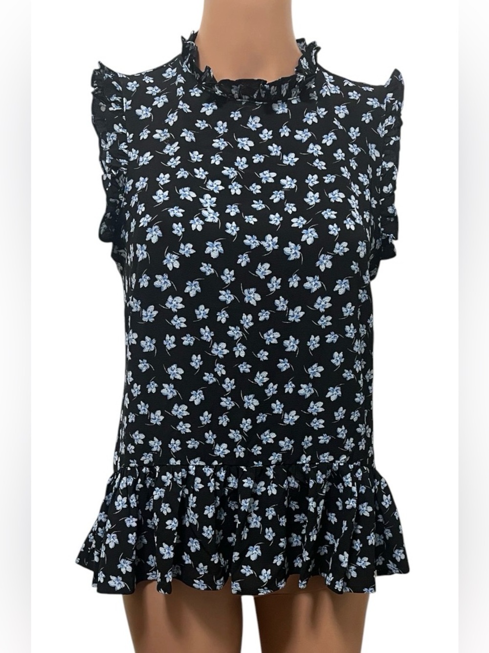 CECE FLORAL RUFFLE BLOUSE SLEEVELESS JEWEL NECK WOMENS BLACK/BLUE COLOR SIZE XS